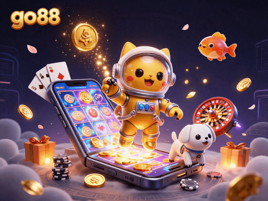 Experience excitement with go 88 as a space astronaut cat engages in thrilling slot games amidst a colorful galaxy.