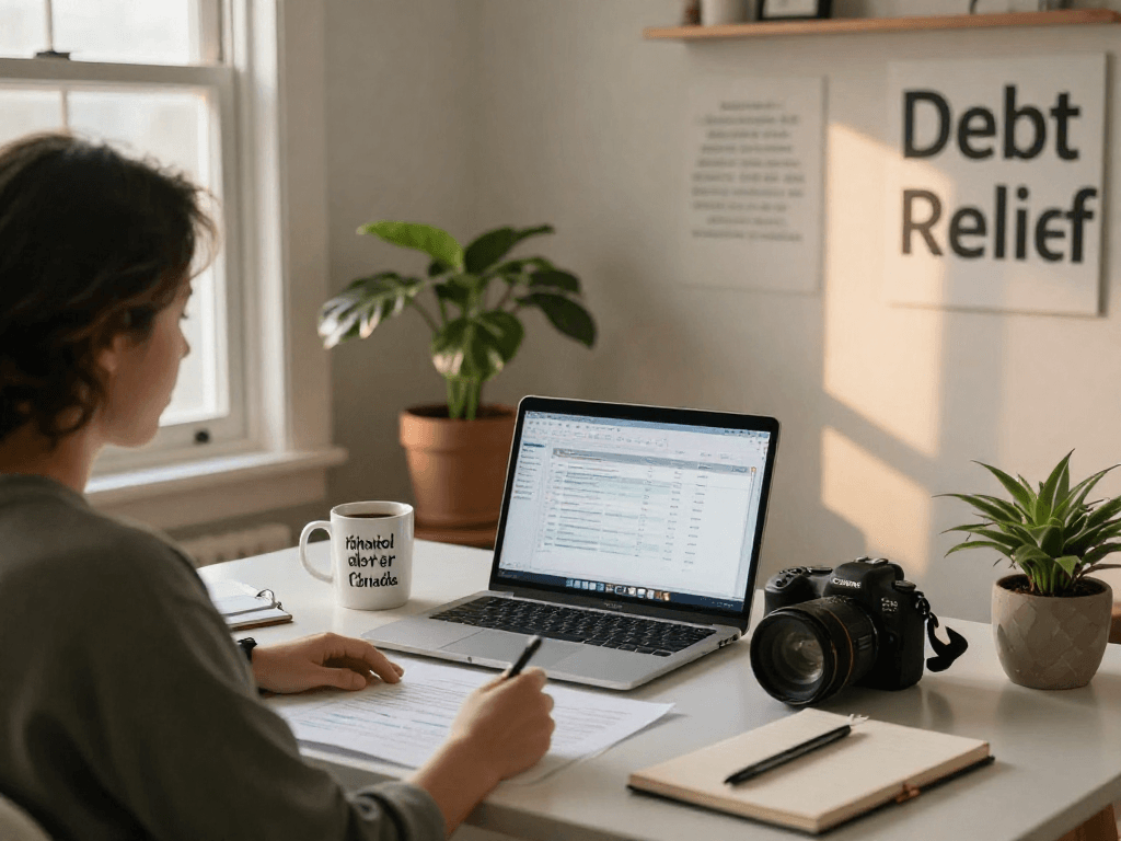 Home office scene illustrating the journey to debt relief Canada, featuring an individual focused on budgeting and financial planning.