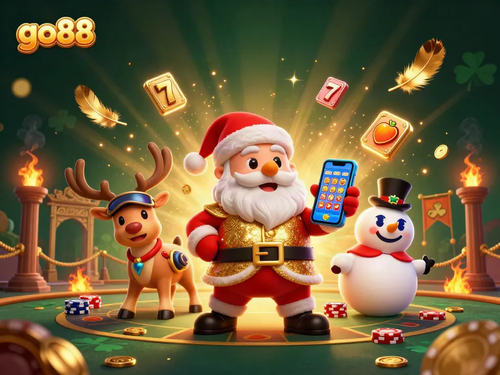 Experience exciting jackpots with go88 in this vibrant casino scene featuring Santa and friends.