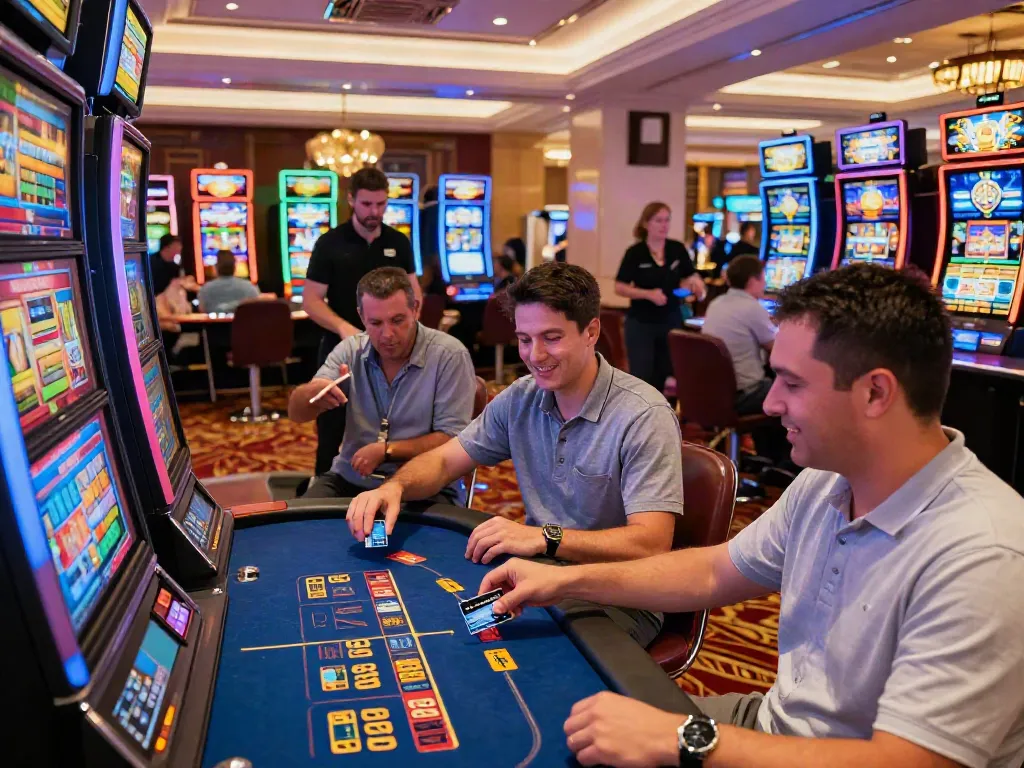 Exciting scene at amex casinos with players enjoying games and using American Express cards.