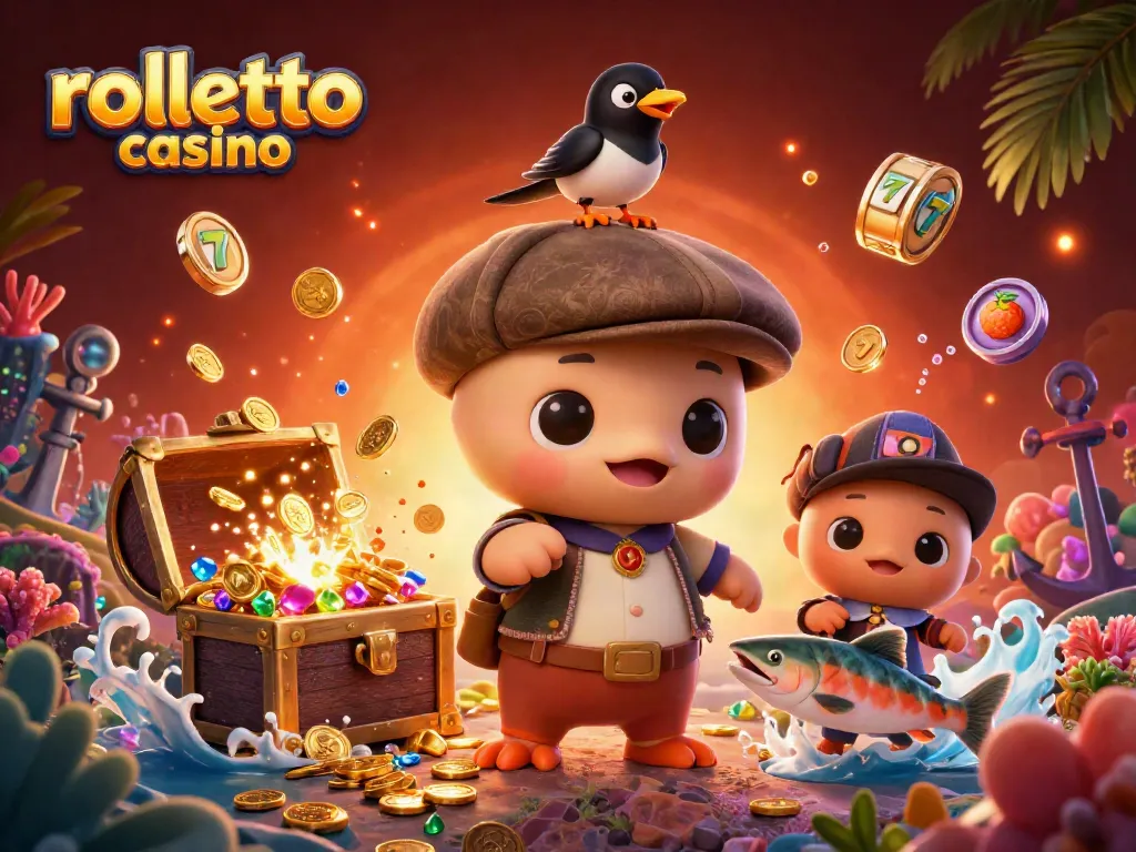 Experience rolletto casino's vibrant slots adventure with playful characters and treasure