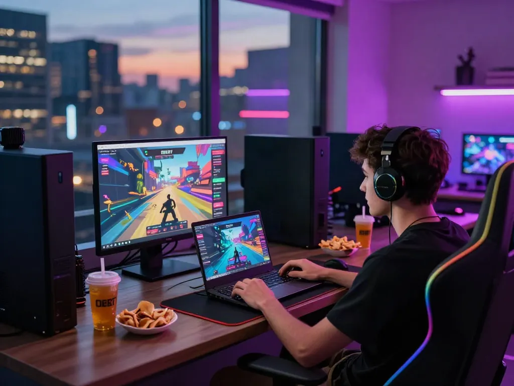 Online gaming experience at debet.com with vibrant graphics and an engaged player in a lively environment.