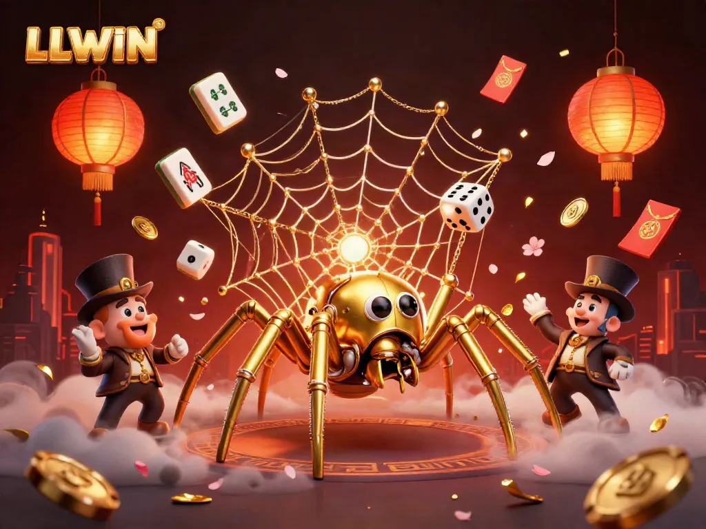 Experience the vibrant world of LLWIN with a whimsical steampunk spider capturing luck in an intricate web.