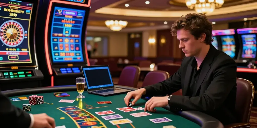 Engaging with a virtual dealer at a luxurious non-gamstop casino gaming table.