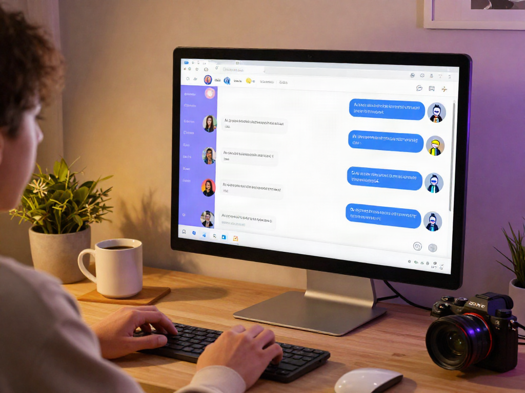 Engaging user in ai porn chat with vibrant AI interface in a cozy home office.