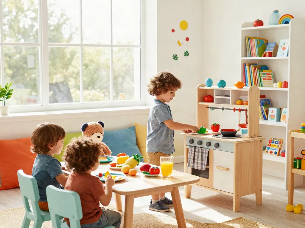 A child enjoying a play kitchen set, pretending to cook with toys in a bright playroom.