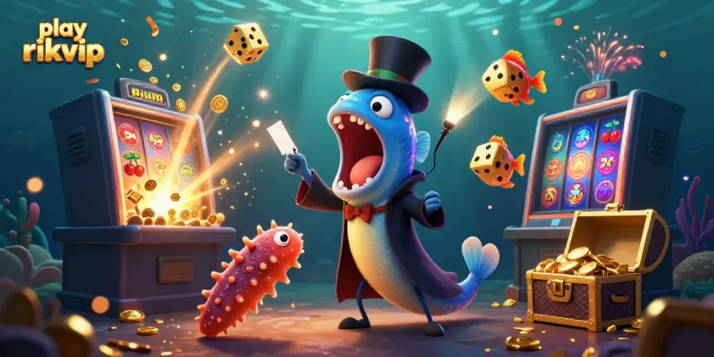 Join the excitement to play rikvip with a magical underwater casino scene featuring unique characters and vibrant elements.