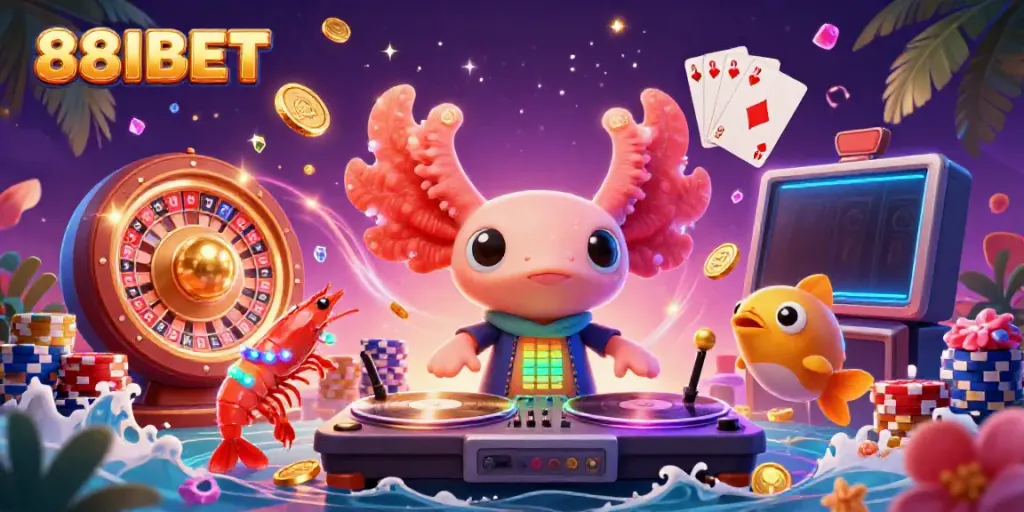 Experience the thrill of winning at 88IBET with a vibrant casino scene featuring colorful characters and dynamic gaming elements.
