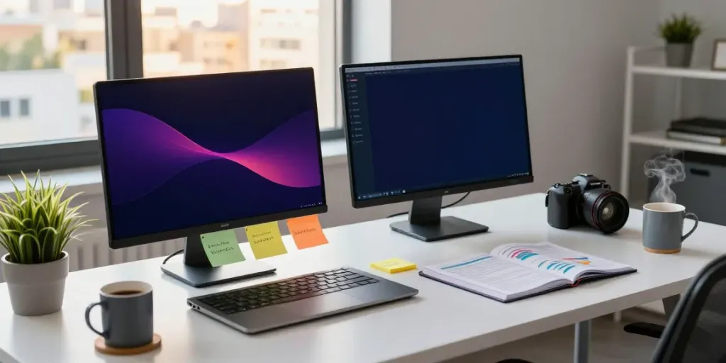 Strategic analysis of instant indexing in a tech workspace with metrics dashboard and laptop.