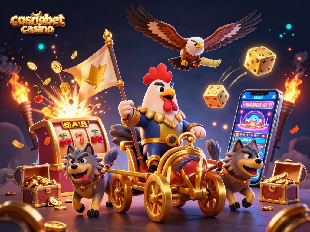 Experience exhilarating gameplay at cosmobet casino with a dynamic 3D scene filled with slots and excitement.
