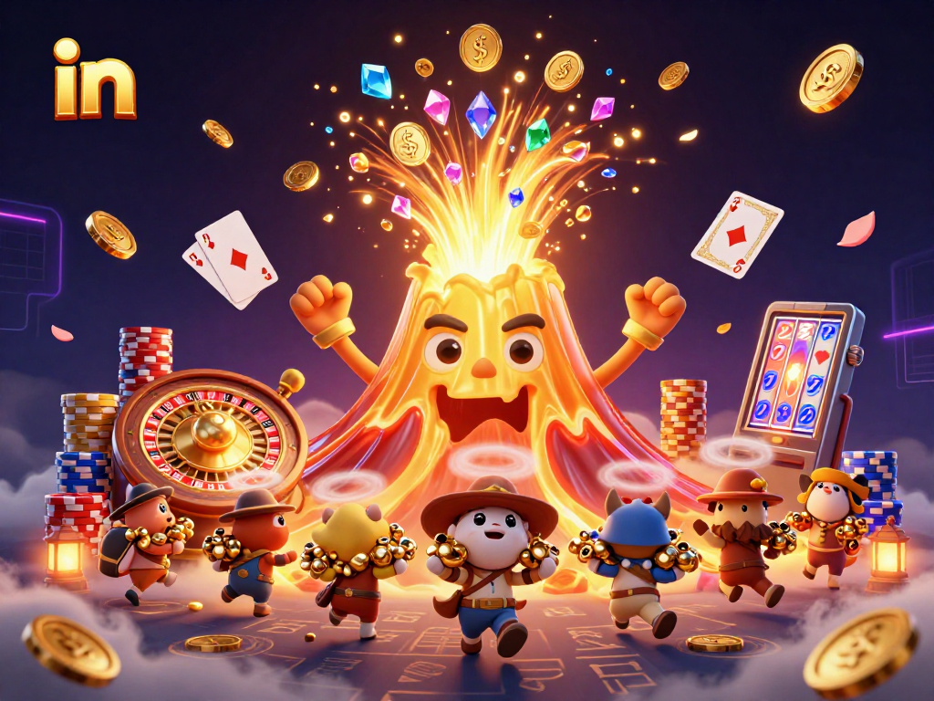 Unleash excitement in online gaming with vibrant treasure erupting from a volcano in a thrilling casino scene.