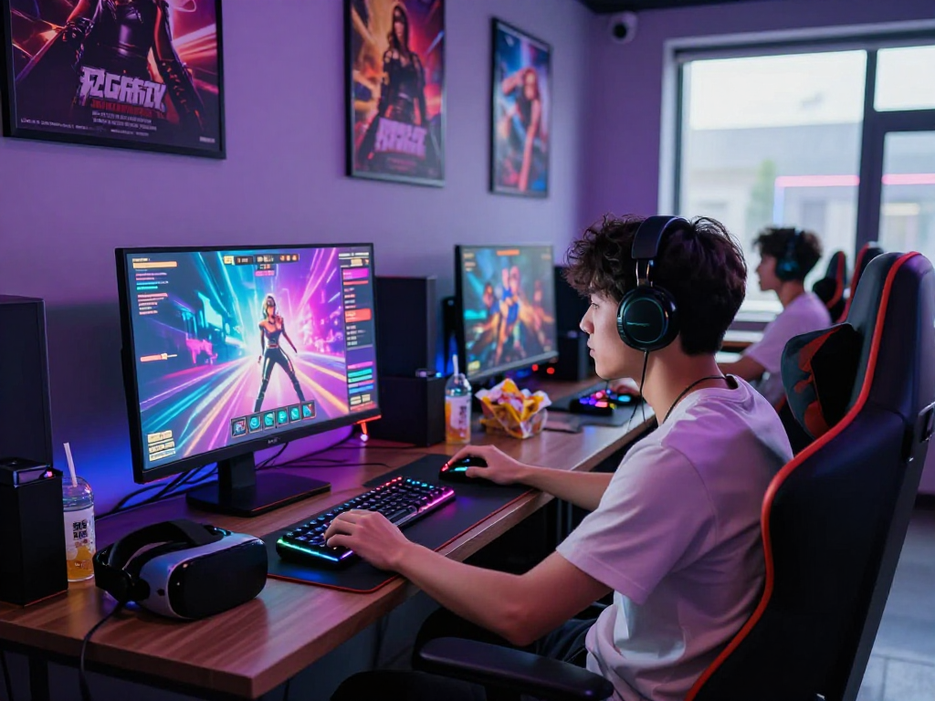 Engaged gamer immersed in a sex simulator game, surrounded by vibrant gaming gear and dynamic lighting.