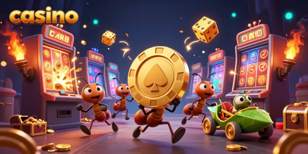 Ants heist carrying a giant chip at a casino with slot machines and treasures.