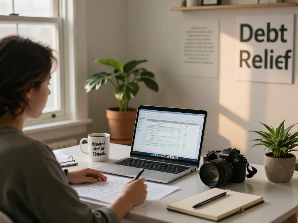 Home office scene illustrating the journey to debt relief Canada, featuring an individual focused on budgeting and financial planning.