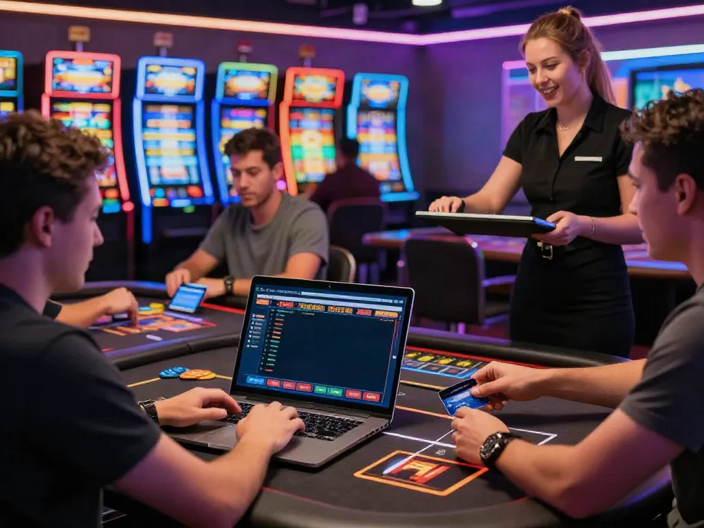 Excited players engaging at credit card casinos in a vibrant online gaming environment.