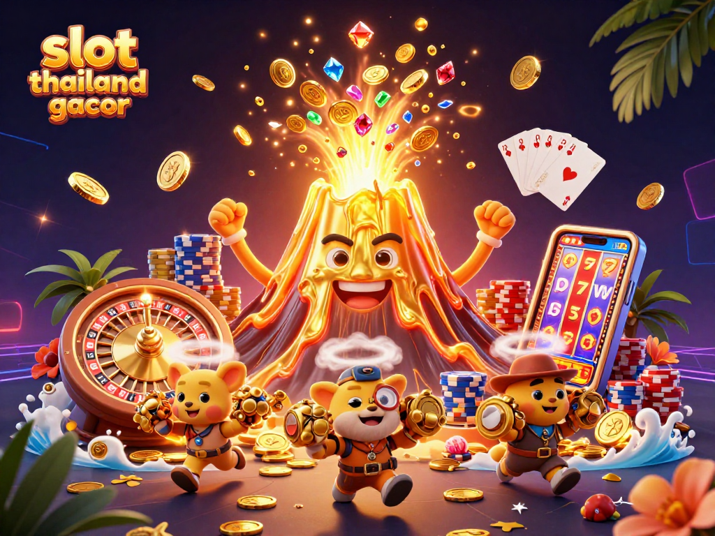 Experience the excitement of slot thaiand gacor as coins, gems, and golden treasures erupt in a vibrant 3D casino scene.