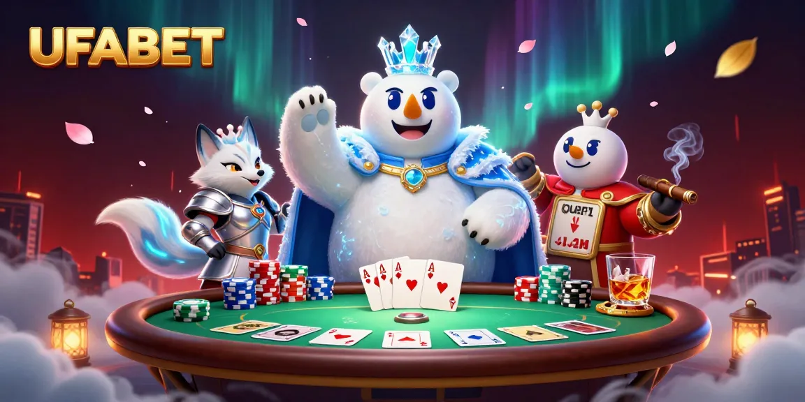 Bet on UFABET with the majestic polar bear and snow fox surrounded by poker elements and excitement.