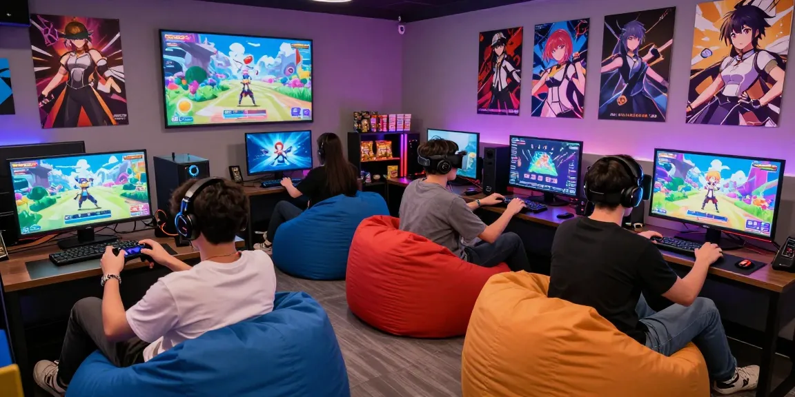 Interactive hentaigames gaming lounge scene with diverse players engaged in colorful 3D environments and anime visuals.