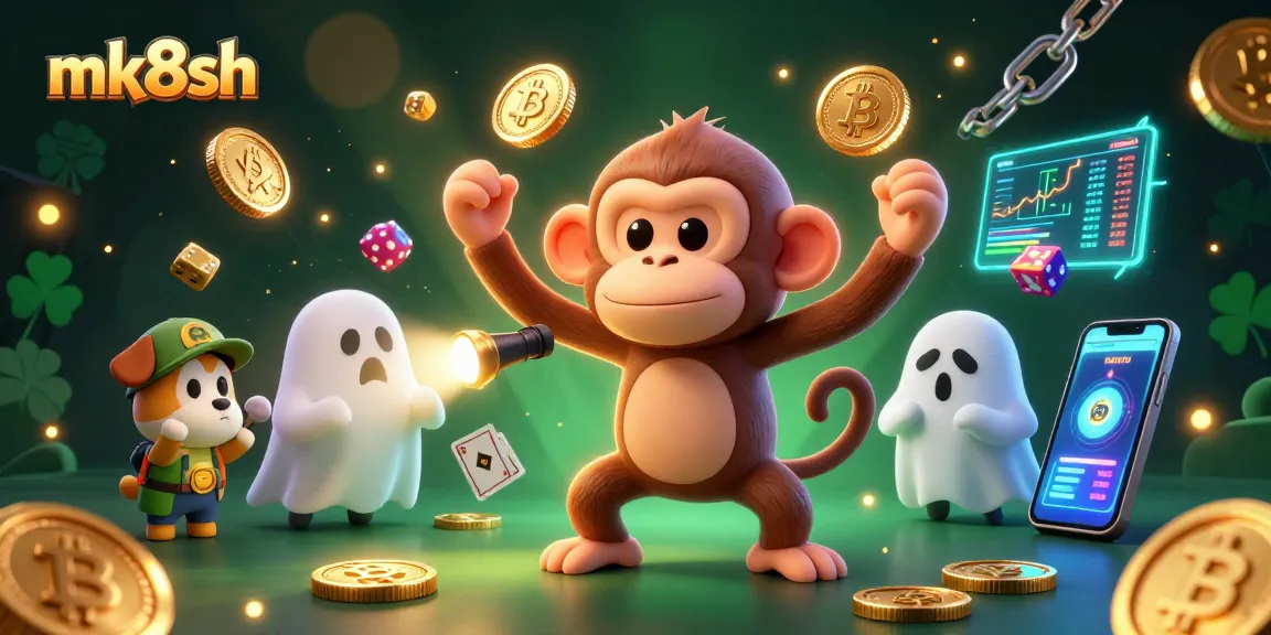 Spin to win at mk8sh with a mischievous monkey juggling gold coins in a haunted casino.