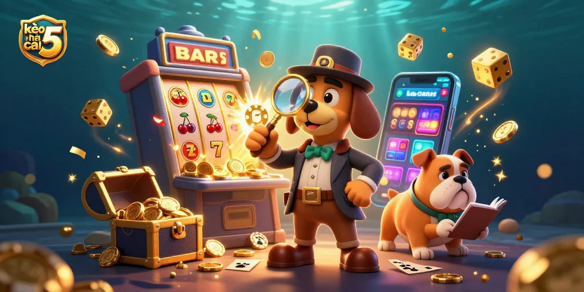 Engage with kèo nhà cái 5 in a vibrant scene featuring a detective bloodhound and gaming elements.