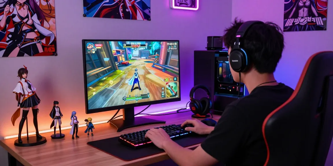 Engaged player enjoying a vibrant hentai game in a stylish gaming setup with anime decor.