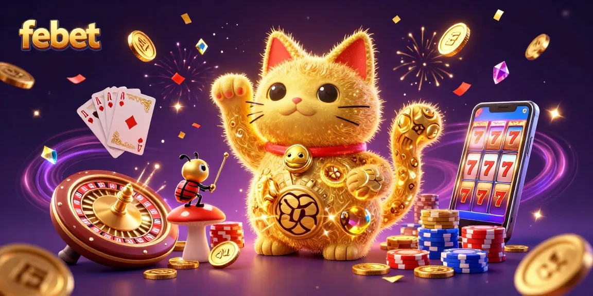 Experience vibrant gaming action with febet's captivating golden lucky cat, casino symbols, and dynamic gameplay elements.