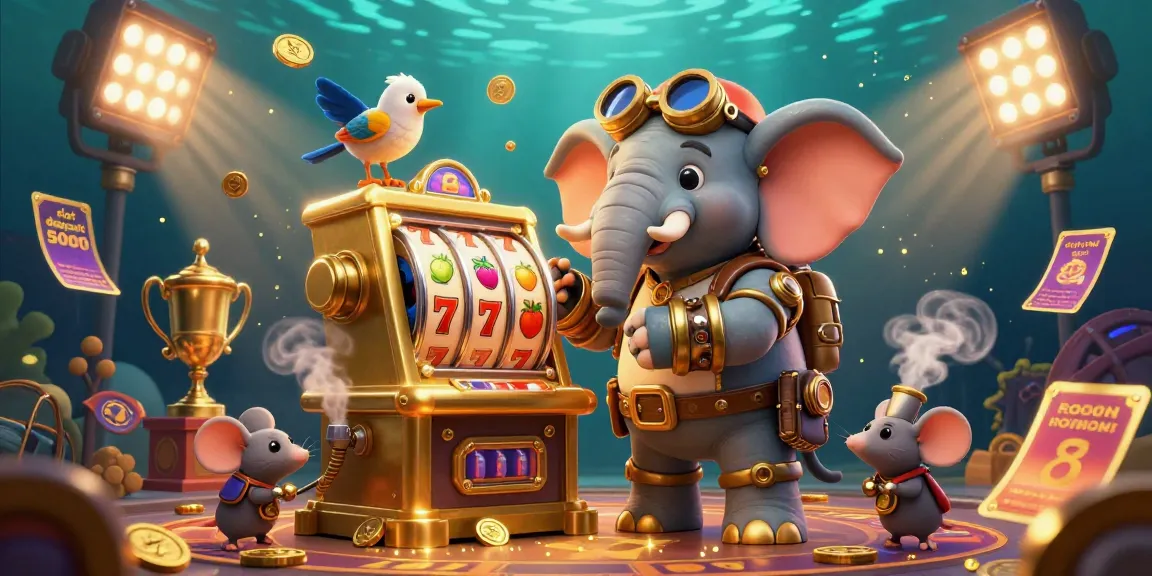 Engaging illustration of slot deposit 5000 featuring a steampunk elephant operating a golden slot machine, surrounded by gaming elements.