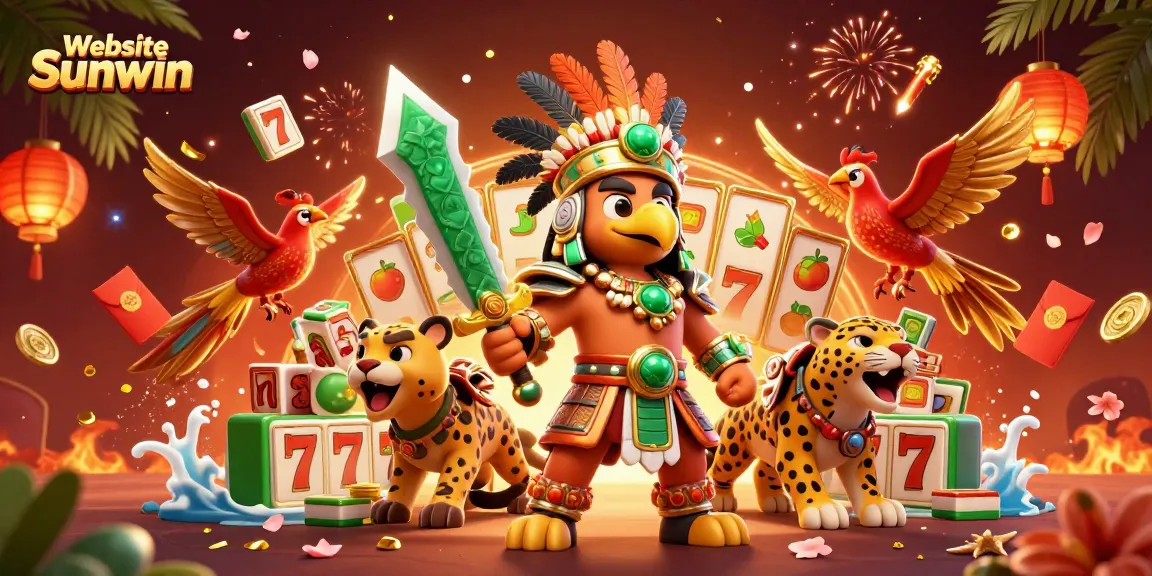 Engage with Website Sunwin's captivating 3D illustration featuring Aztec warriors and vibrant slot game elements.