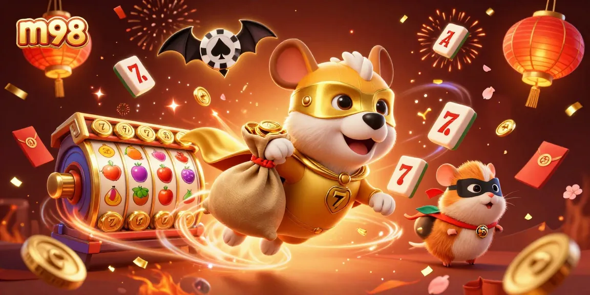 Experience the thrill of m98 gaming with a vibrant 3D illustration featuring slots, gold coins, and lucky charms.