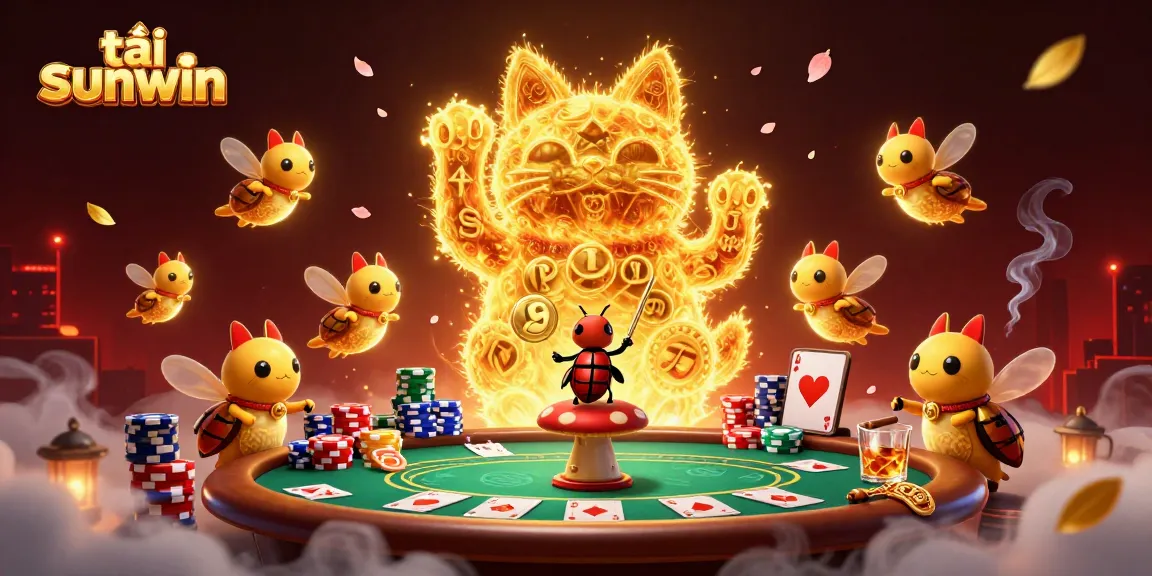 Experience tải sunwin excitement with a dynamic 3D lucky cat and casino symbols in an engaging illustration.