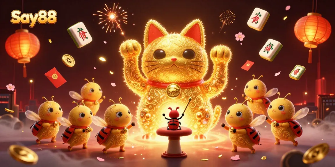 Enhance your luck and win big with Say88's vibrant gaming scene showcasing a lucky cat caught in fiery excitement.
