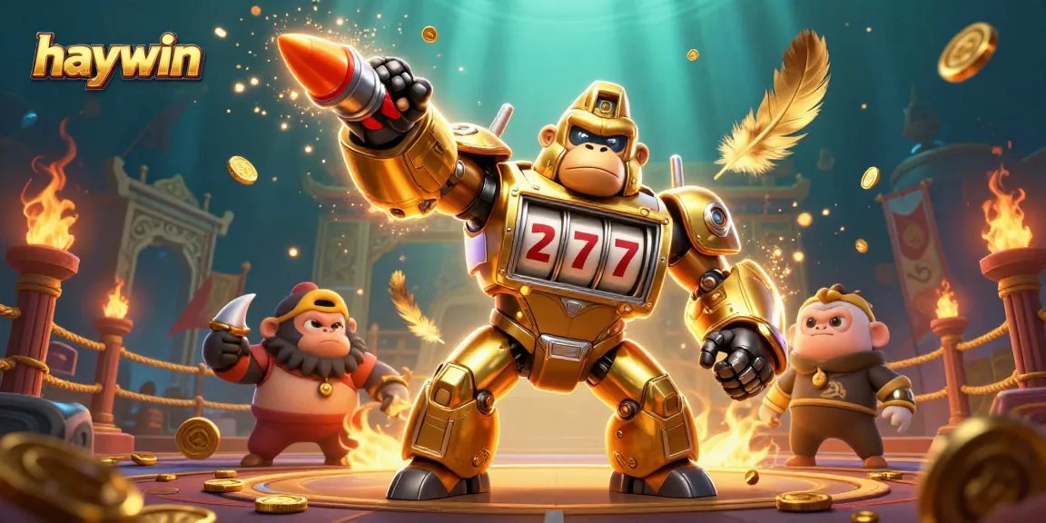 Experience thrilling action at haywin with a golden gorilla mech surrounded by casino elements and vibrant graphics.